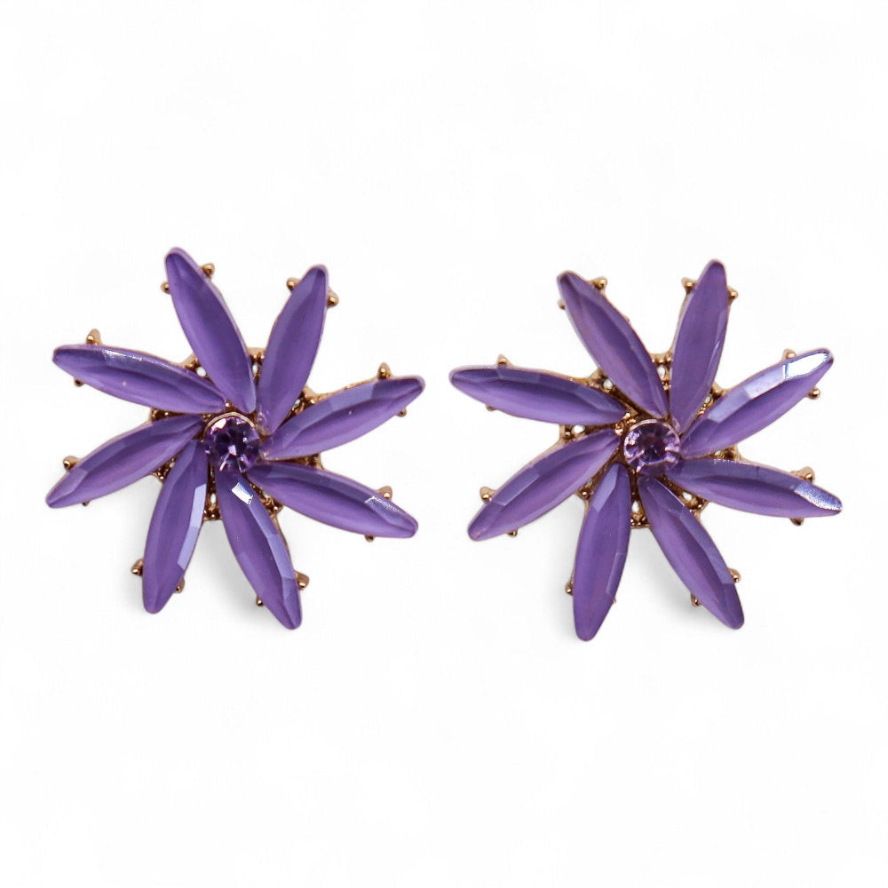 Pair of purple star-shaped earrings on a white background