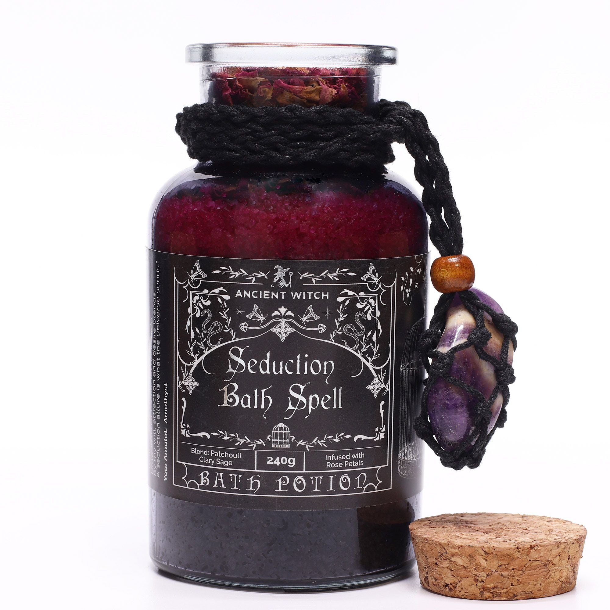 Seduction Ancient Witch Bath Spell Potion & Amethyst Crystal Amulet