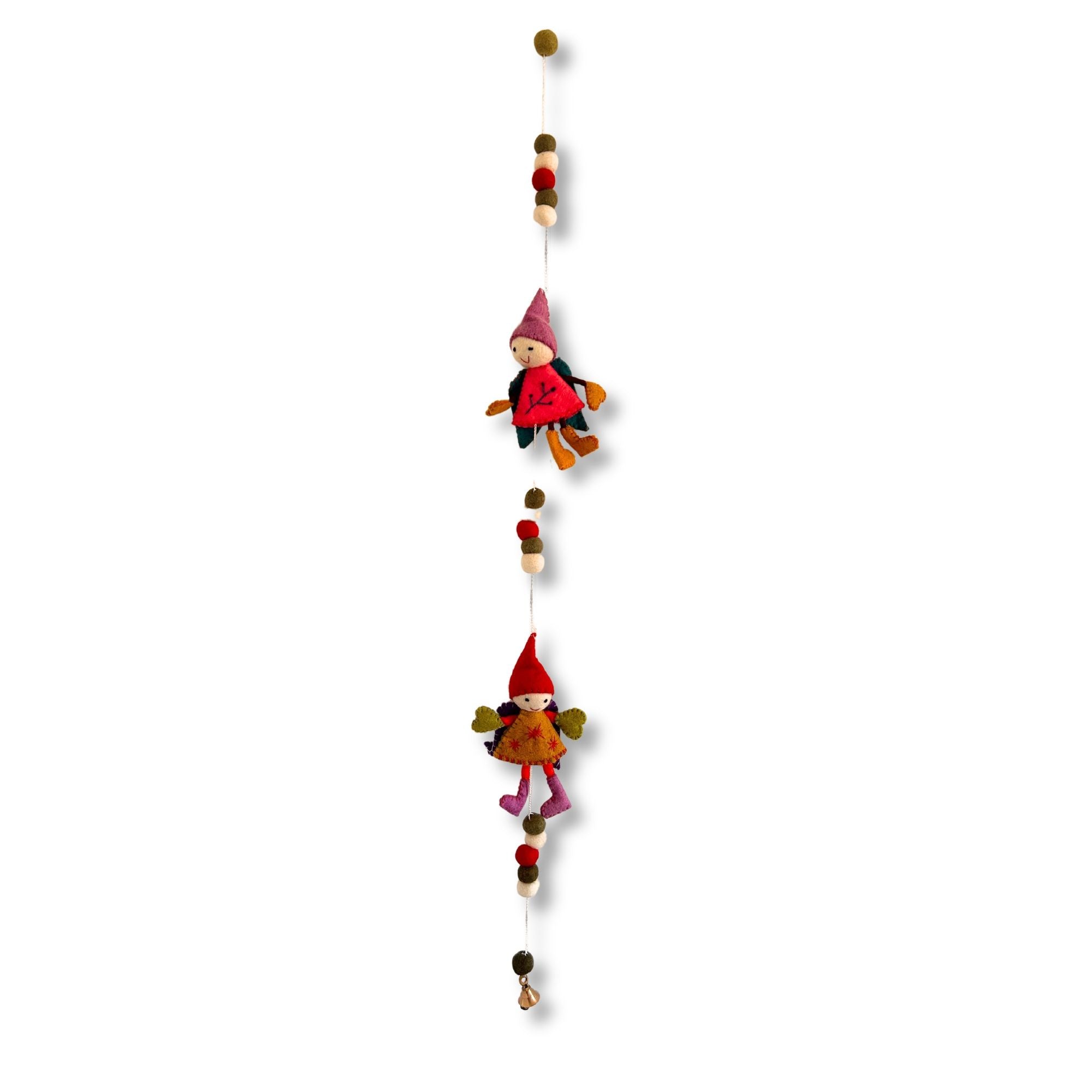 Decorative hanging with small gnome figures on a white background