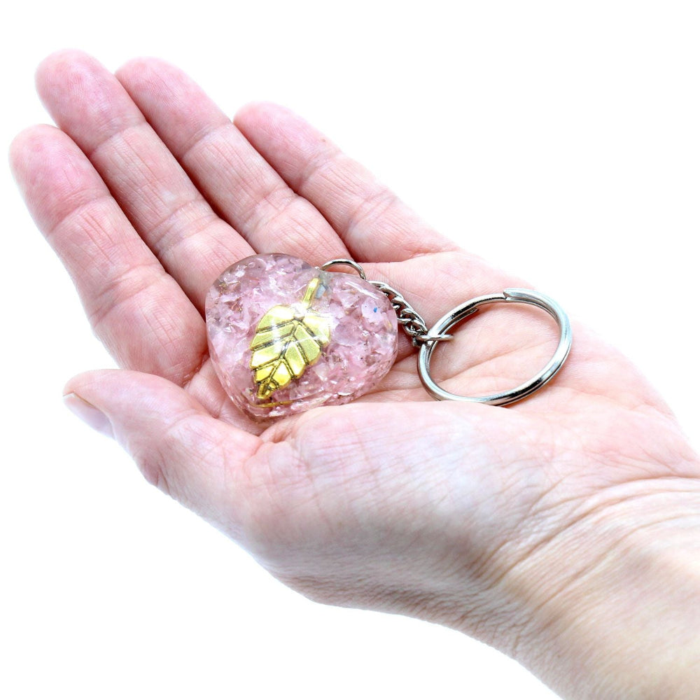 Rose Quartz Hearts Golden Leaf Orgonite Power Keyring