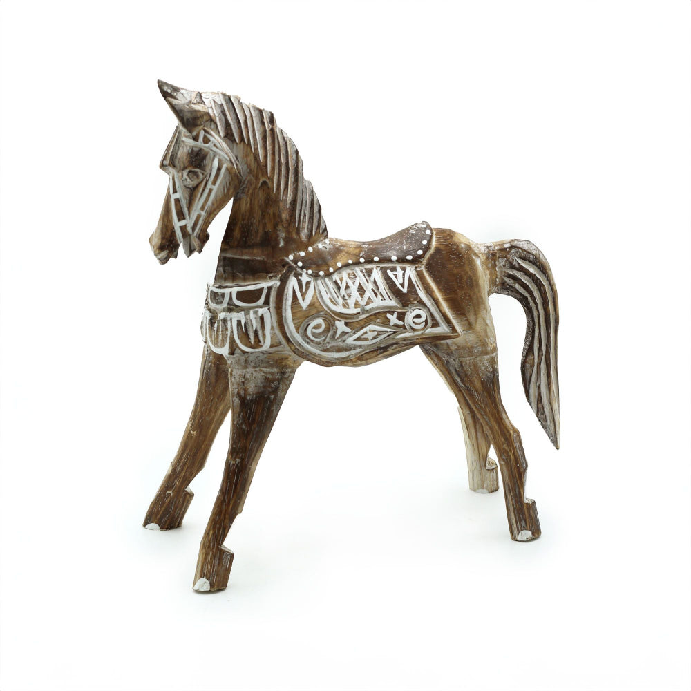 Decorative horse figurine with intricate patterns on a white background