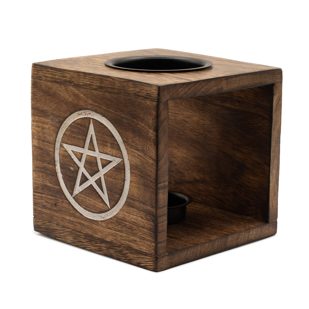 Wooden cube with pentagram design on a white background