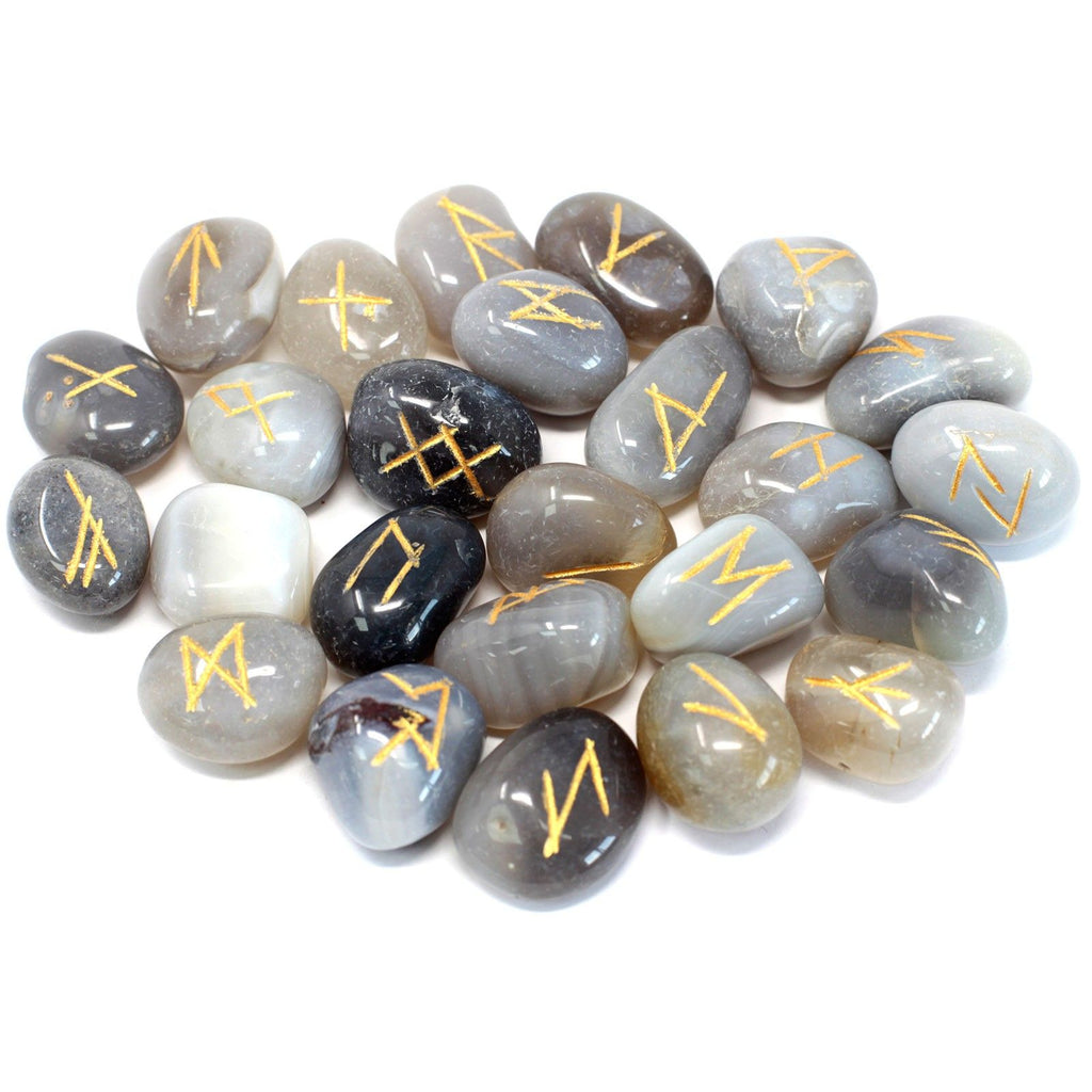 Grey Agate Runes Stone Set in Pouch