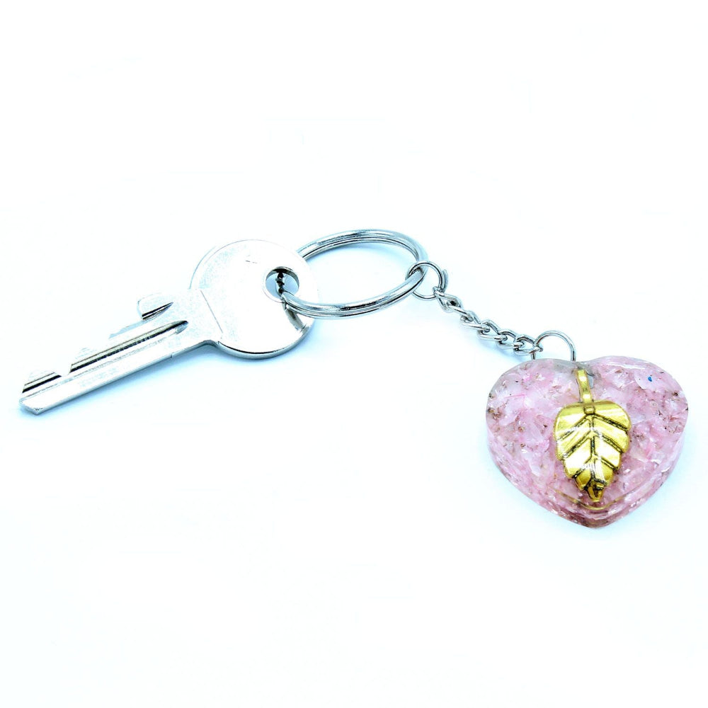 Rose Quartz Hearts Golden Leaf Orgonite Power Keyring