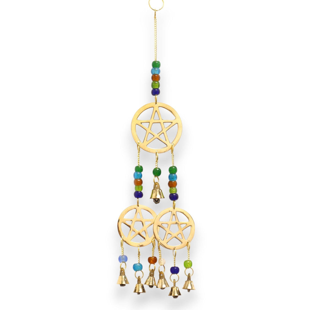 Decorative hanging with gold pentacle design and colorful beads on a white background