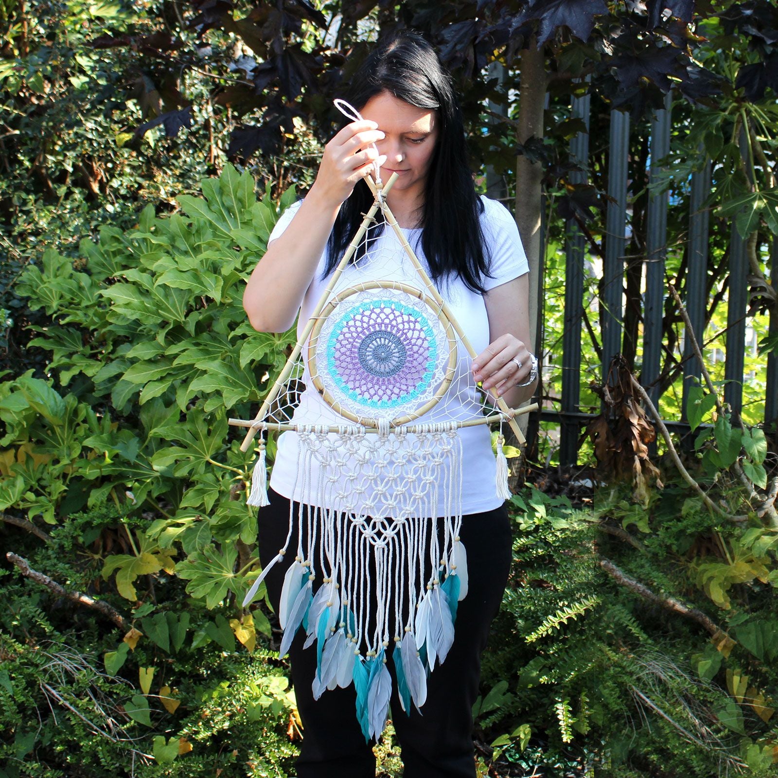 Macrame Pyramid White/Turquoise Protection Dream Catcher