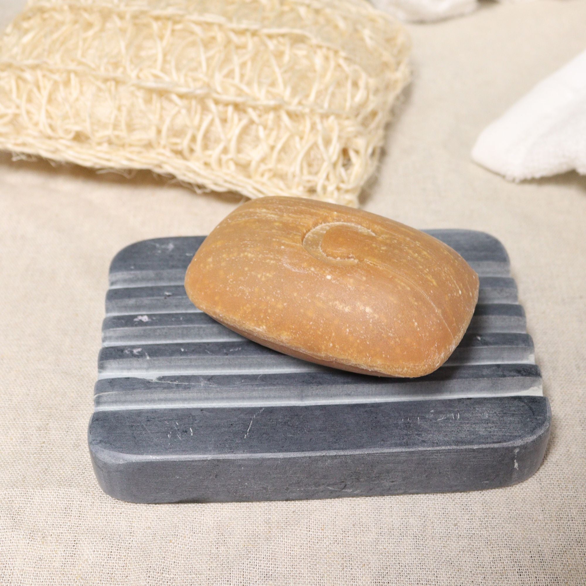 Heavy Ridges Grey Soapstone Soap Dish