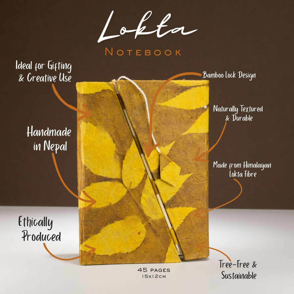 Lokta Bold Floral Mustard Brown Bamboo Lock Notebook  Medium