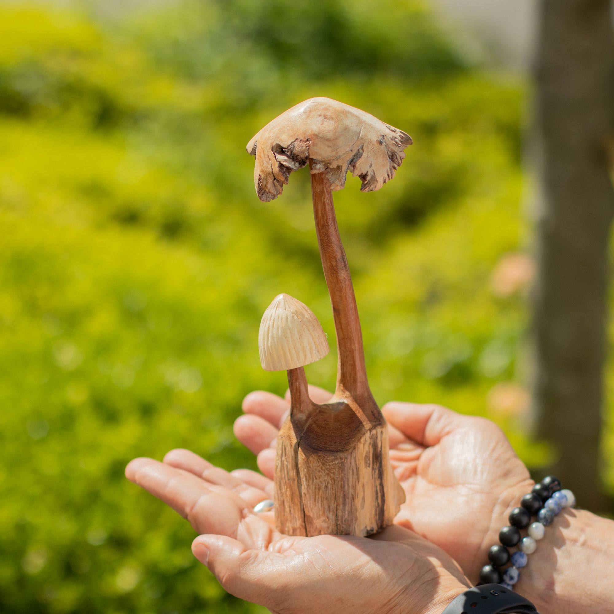 Handmade Parasite Wood Carving — Twin Mushrooms