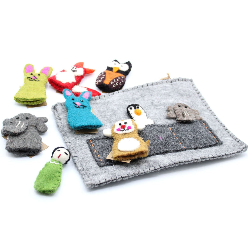 Set of colorful animal-themed felt toys on a gray felt board with a white background