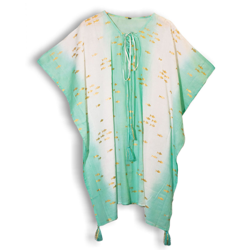 Nomad Sari Kaftan – White, Turquoise & Gold Fish Print