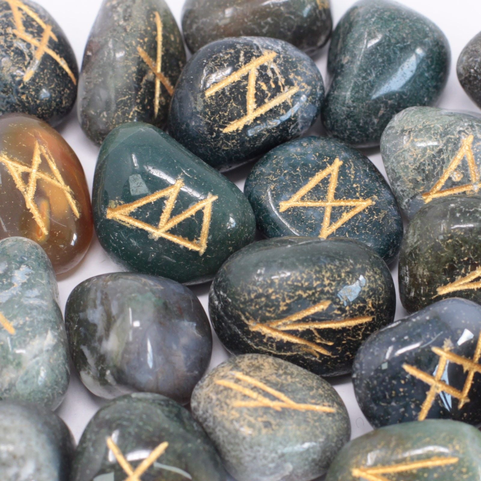 Moss Agate Runes Stone Set in Pouch