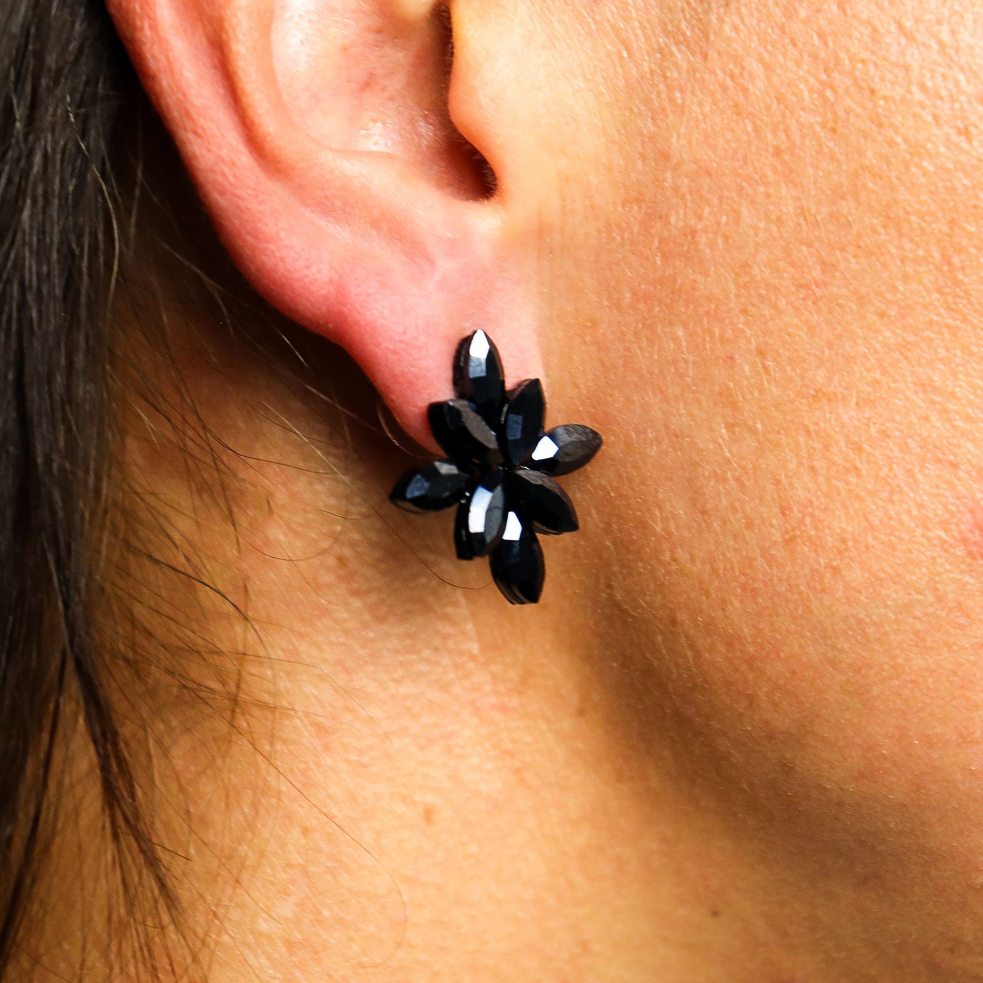 Flower Jet Black Vintage Glass Earrings