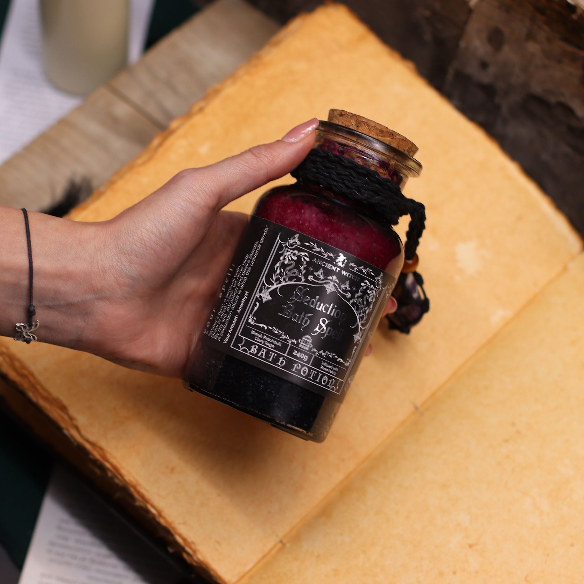 Seduction Ancient Witch Bath Spell Potion & Amethyst Crystal Amulet