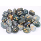 Moss Agate Runes Stone Set in Pouch