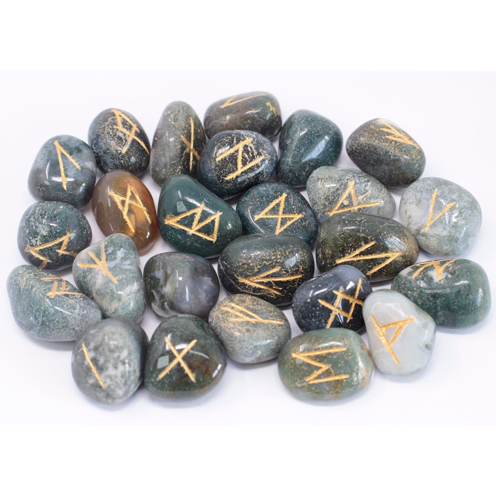 Moss Agate Runes Stone Set in Pouch