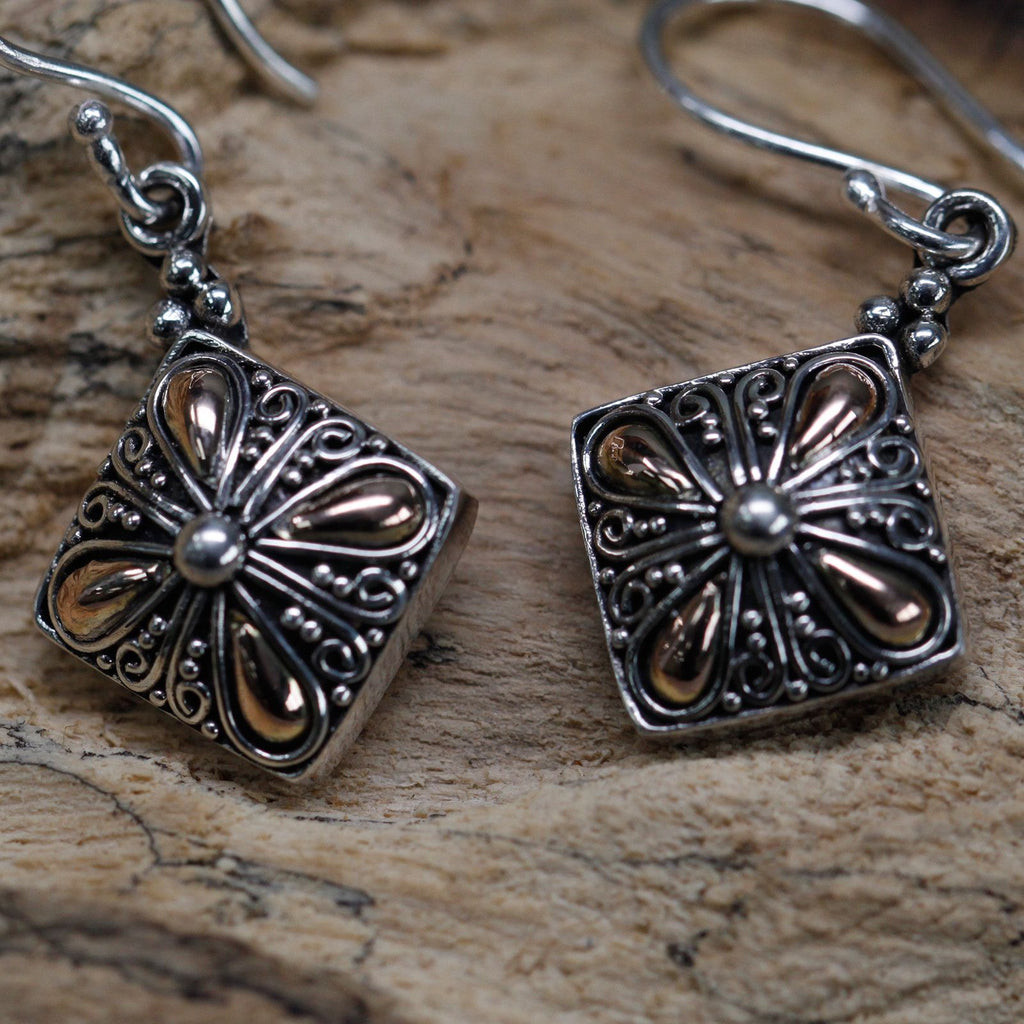 Square Drop Silver & Gold Earrings