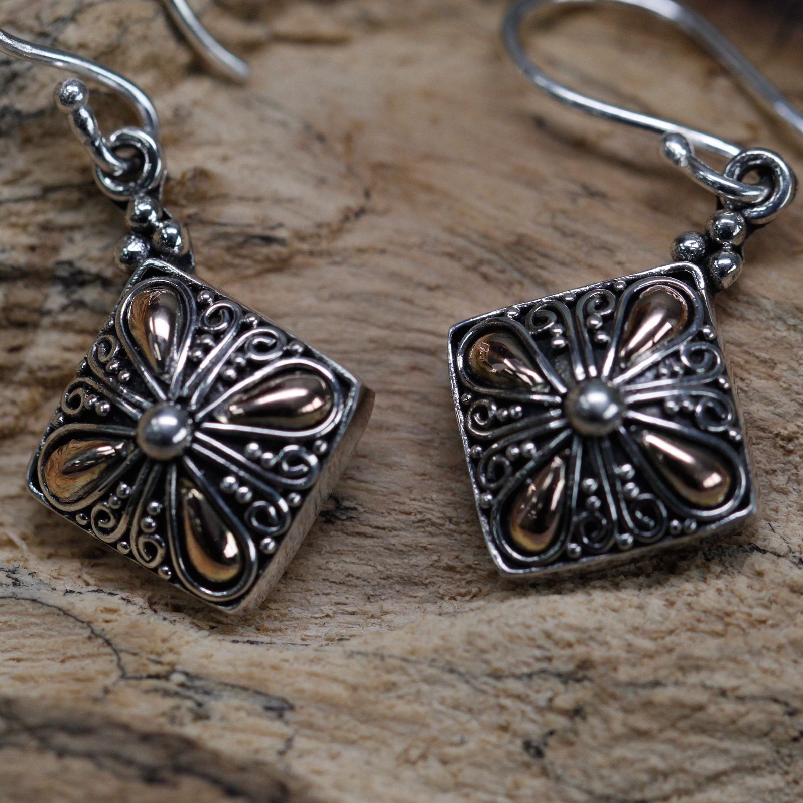 Square Drop Silver & Gold Earrings