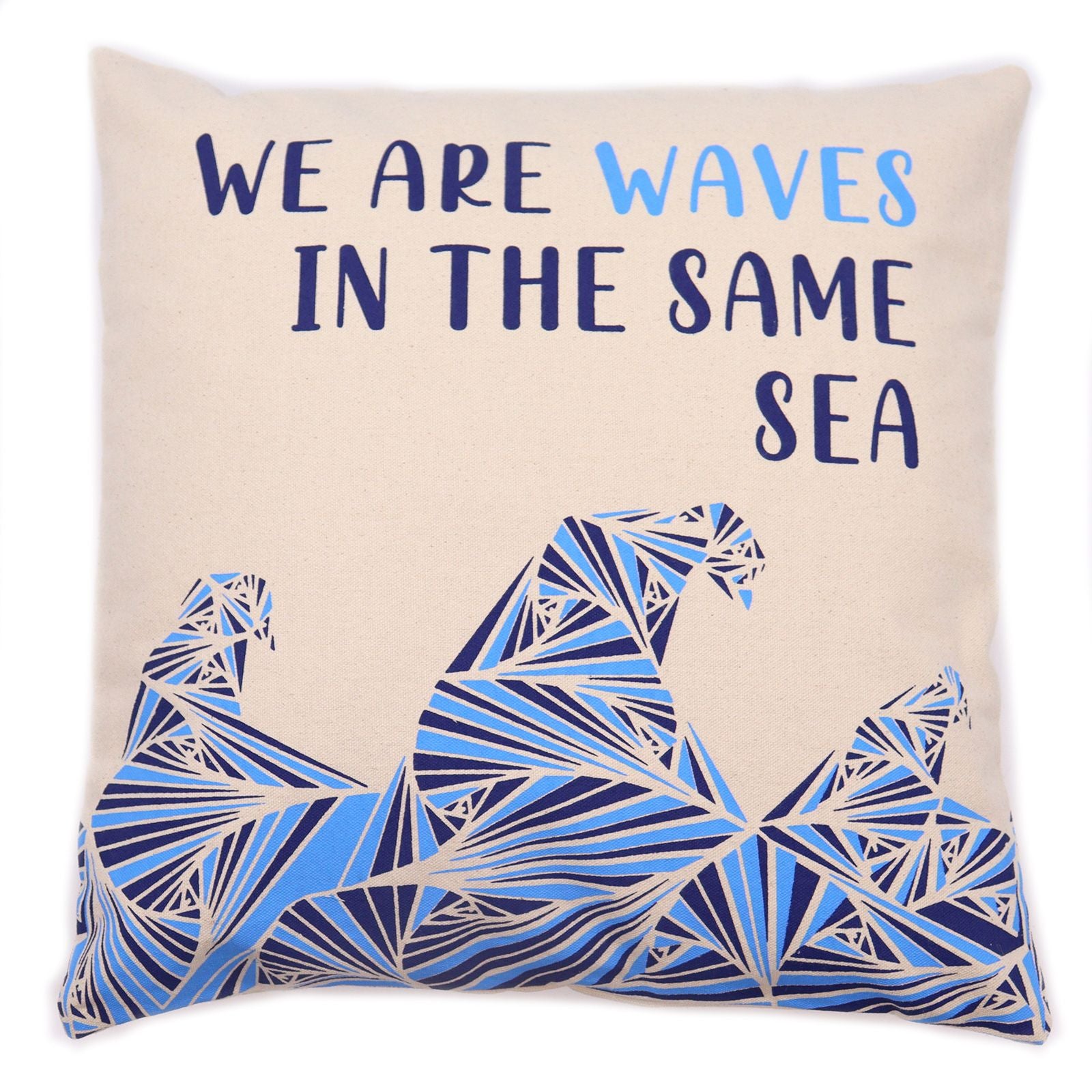 We are Waves Printed Cotton Cushion Cover Grey, Blue and Natural