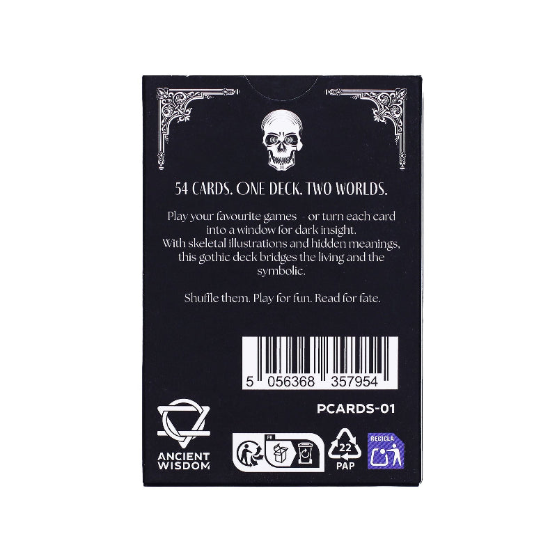 Card game packaging with skull illustration and text on a black background