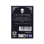Card game packaging with skull illustration and text on a black background