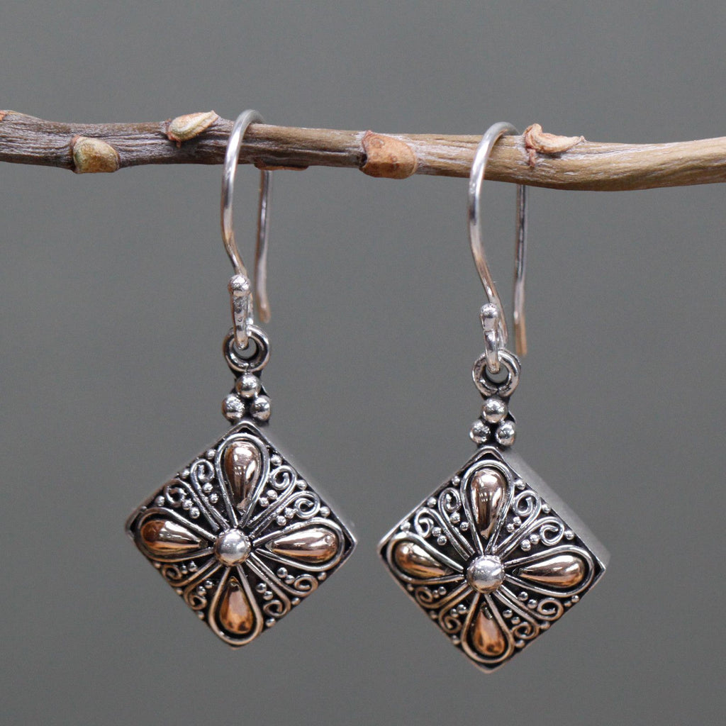 Square Drop Silver & Gold Earrings