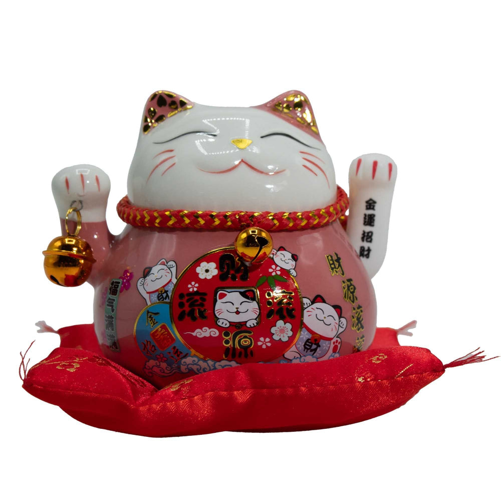 Pink Cat on Cushion Ceramic Money Bank Moving Hand
