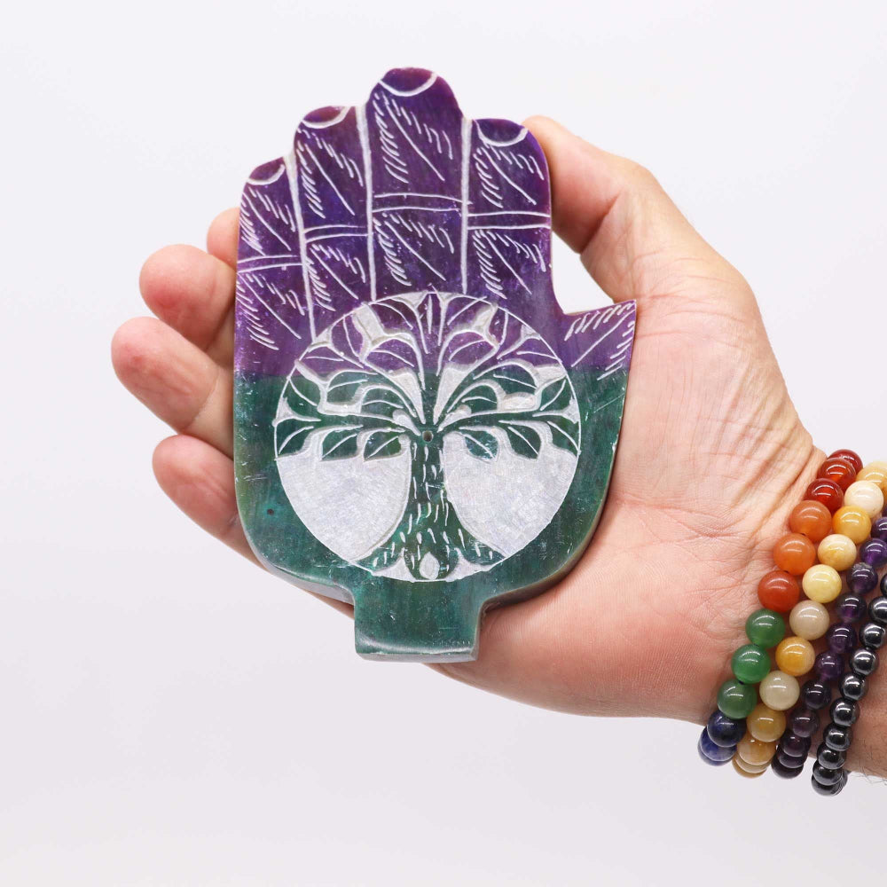 Tree of Life Soapstone Med Hamsa Incense Holder