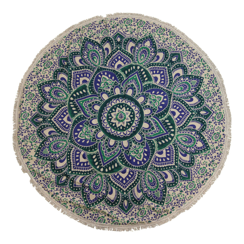 Round mandala rug with green and blue patterns on a white background