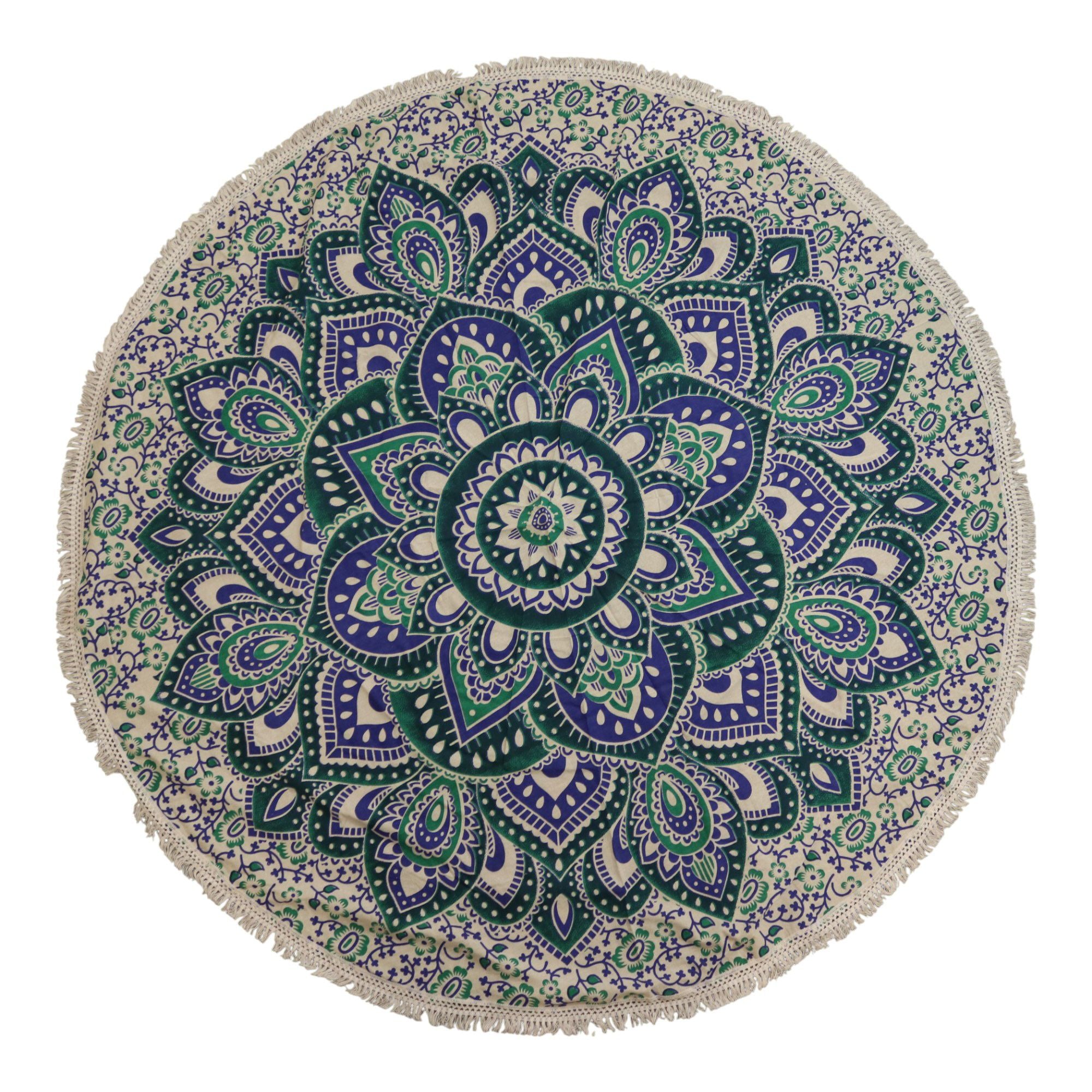 Round mandala rug with green and blue patterns on a white background