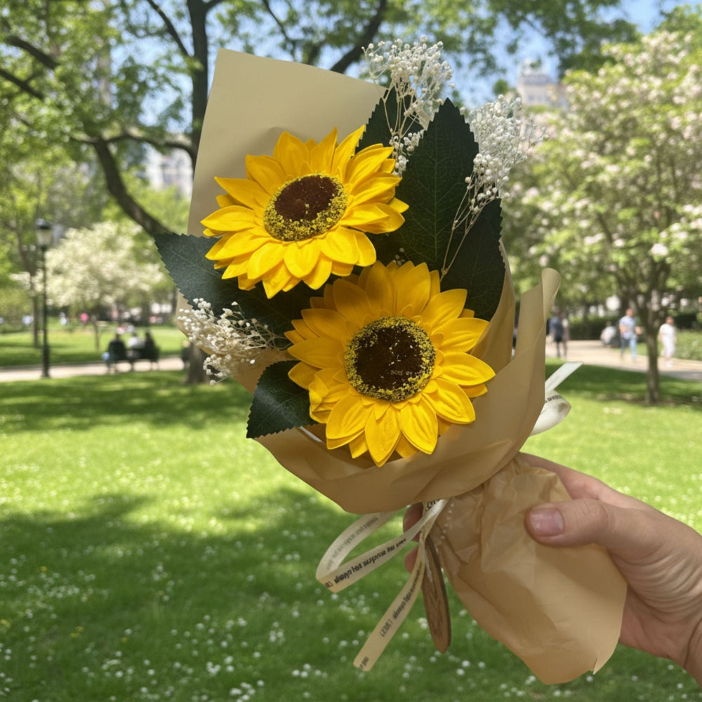 Bouquet of sunflowers held in a park setting