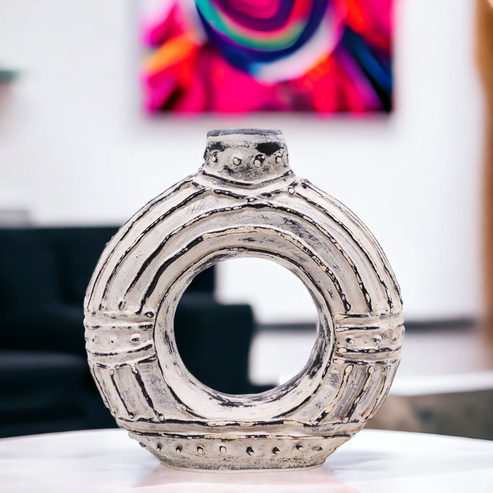 Cream Round Donut Shaped Vase 18cm