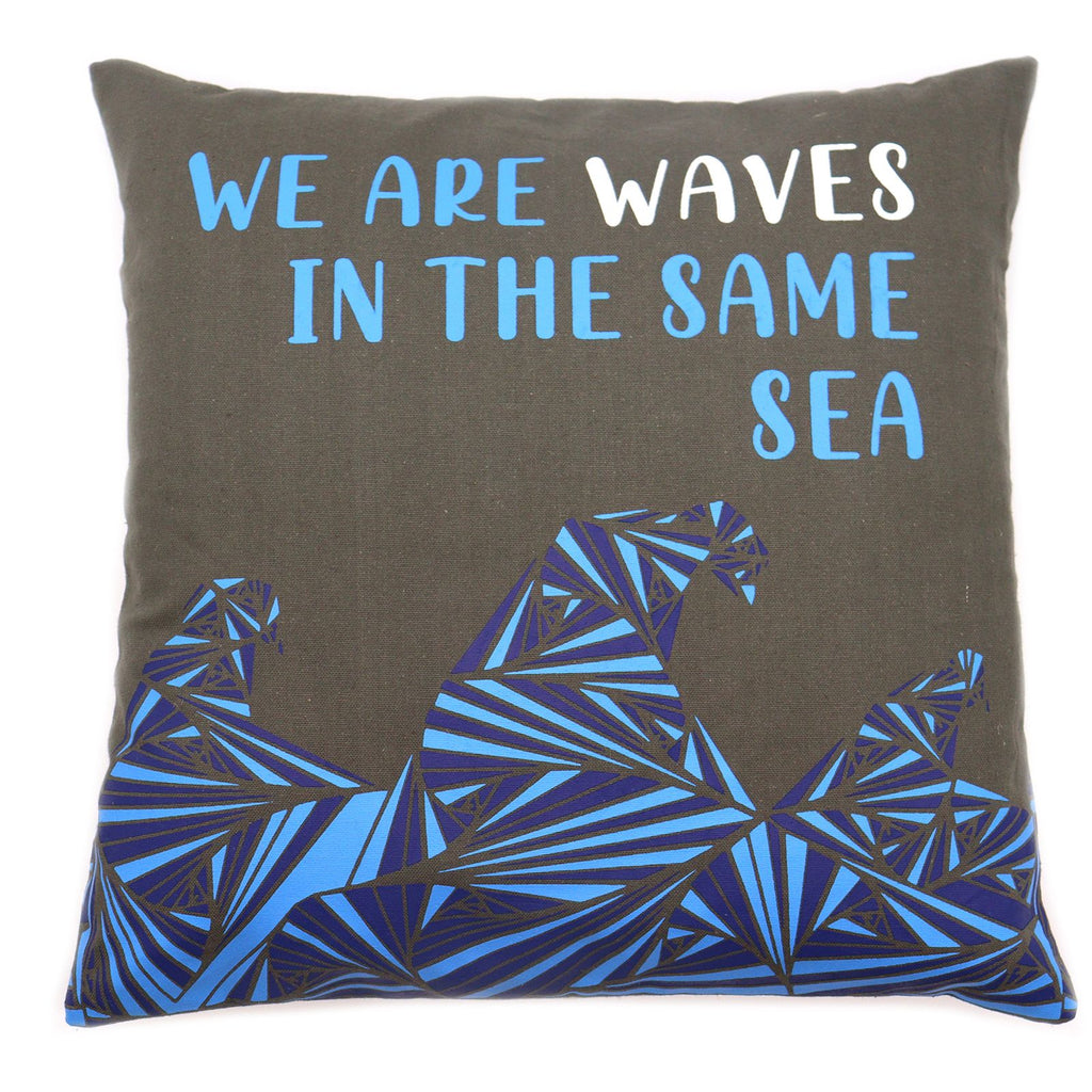 We are Waves Printed Cotton Cushion Cover Grey, Blue and Natural