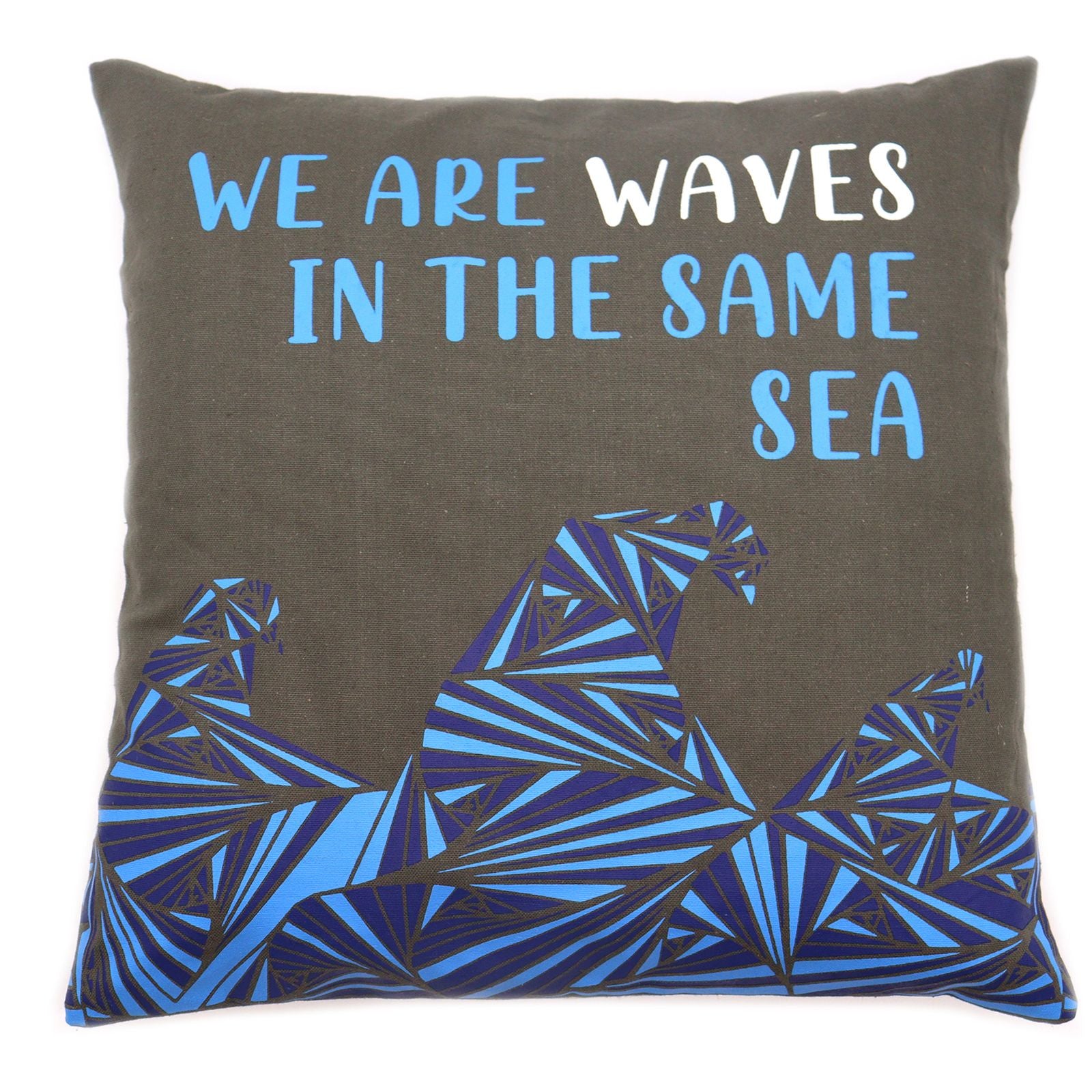We are Waves Printed Cotton Cushion Cover Grey, Blue and Natural
