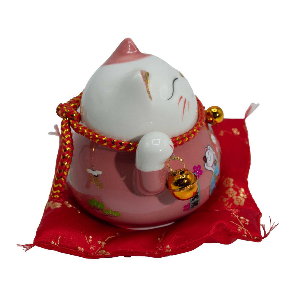 Pink Cat on Cushion Ceramic Money Bank Moving Hand