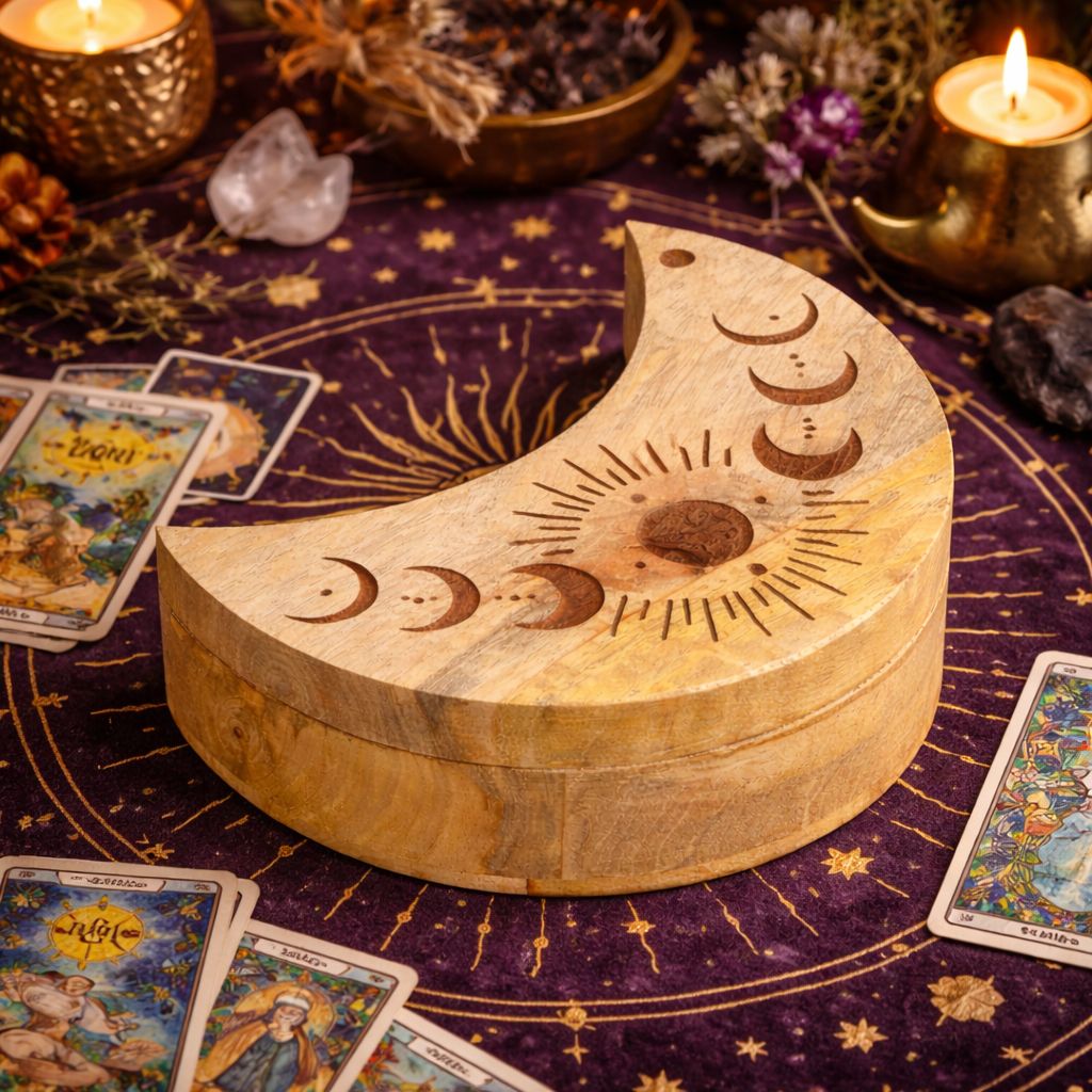 Moon Phase Carved Sliding Box | Crescent Moon Wooden Storage Box