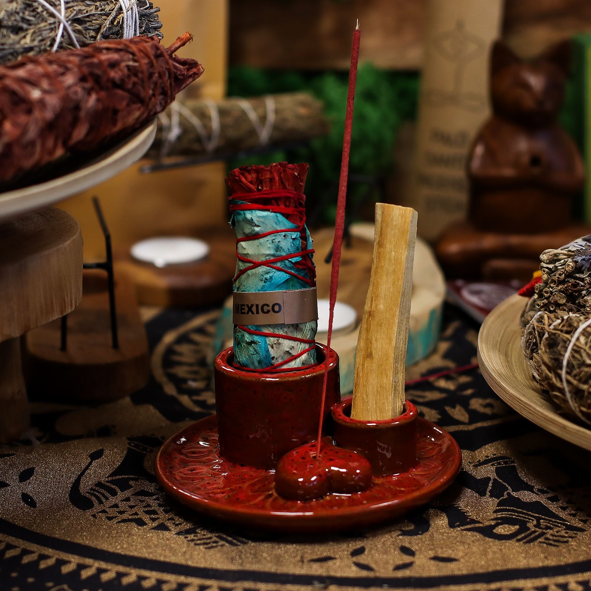 Mandala Red with Heart Gloss Palo Santo Stick & Smudge Holder