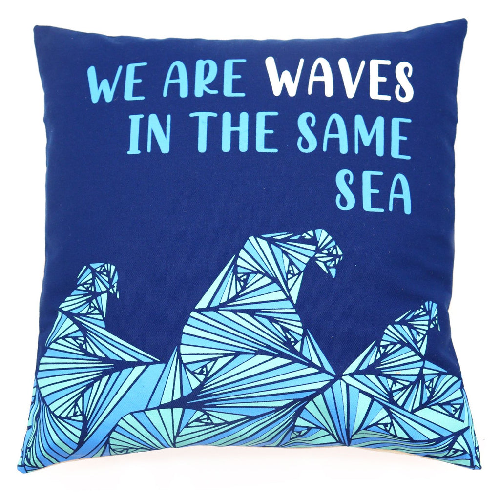 We are Waves Printed Cotton Cushion Cover Grey, Blue and Natural