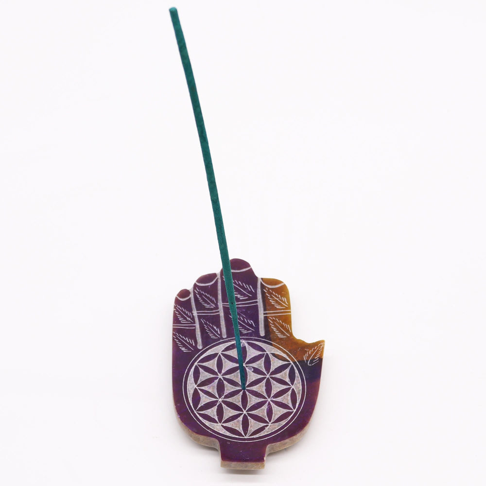 Flower of Life Soapstone Med Hamsa Incense Holder