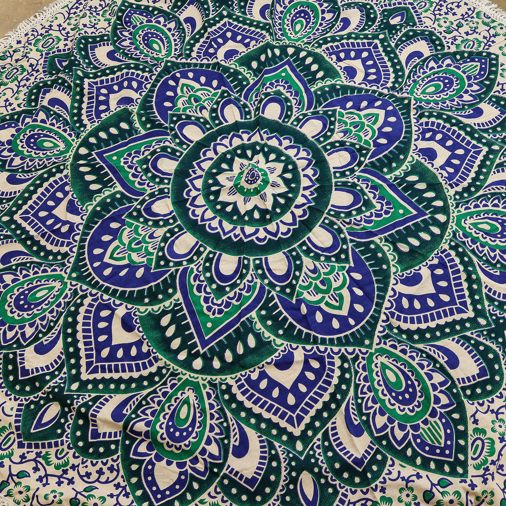 Mandala patterned fabric with green, blue, and white colors.
