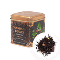 Tea canister labeled 'Mandala Leaves' with loose tea leaves displayed on a white background