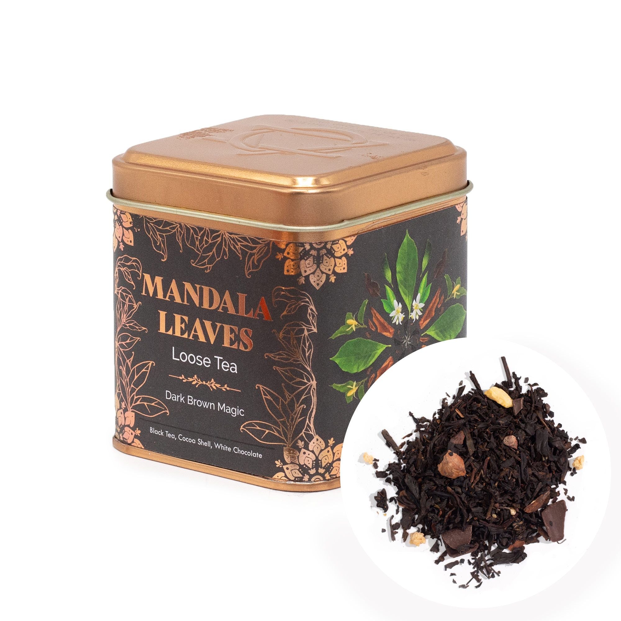 Tea canister labeled 'Mandala Leaves' with loose tea leaves displayed on a white background