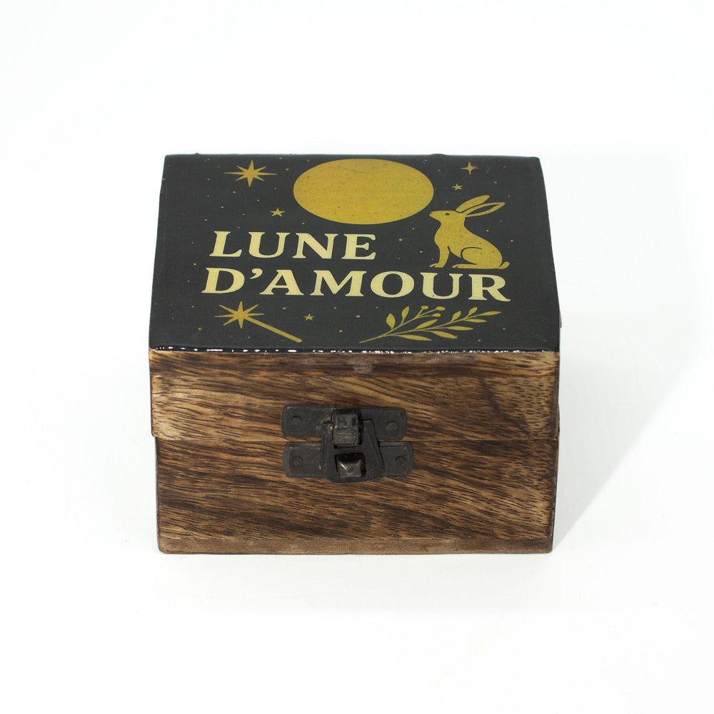 Wooden box with 'Lune d'Amour' design on a white background