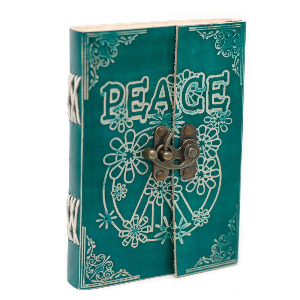 Teal book-shaped box with 'PEACE' and floral designs on a white background