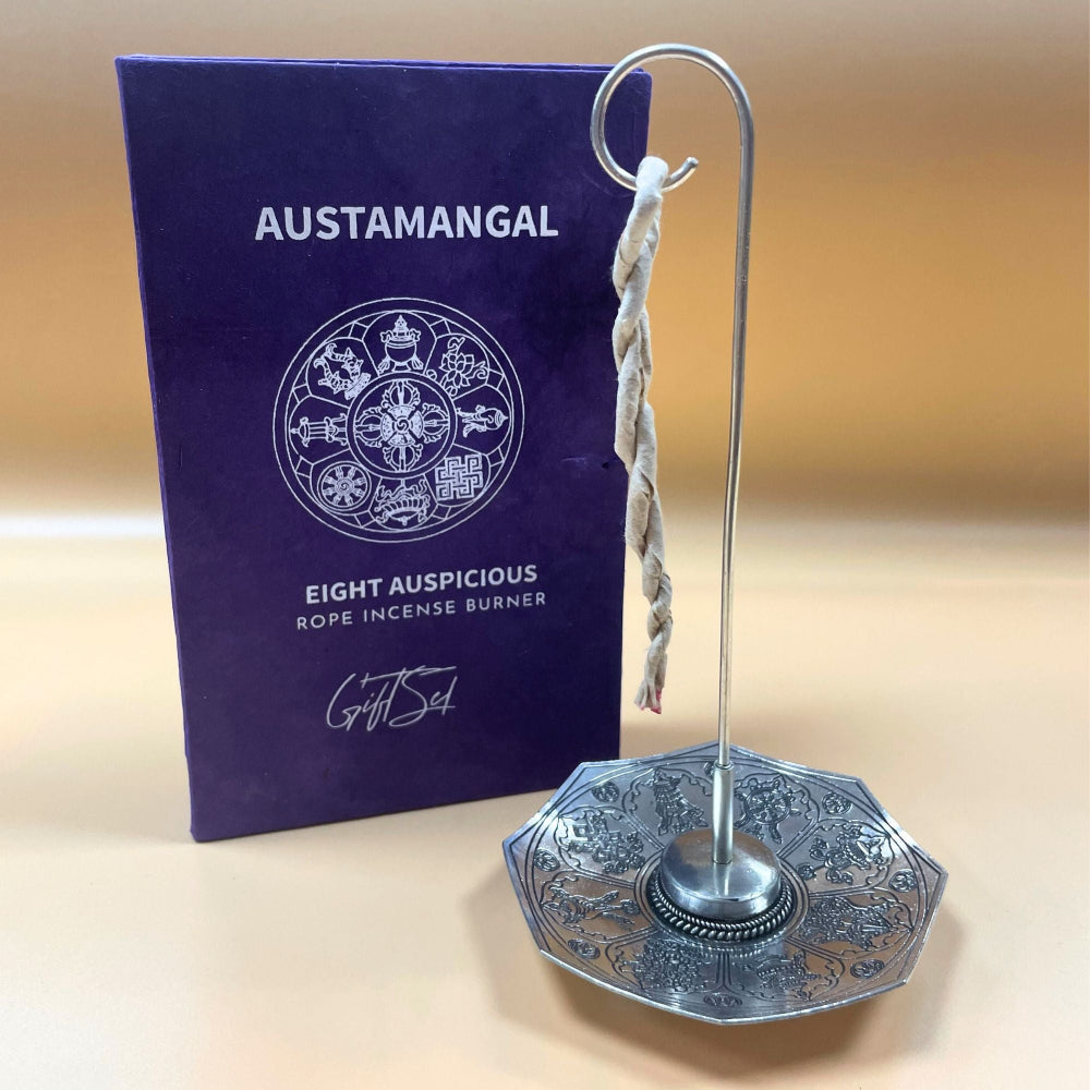 Astamangal Rope Incense & Silver Plated Holder Set | 10 Himalayan Ropes