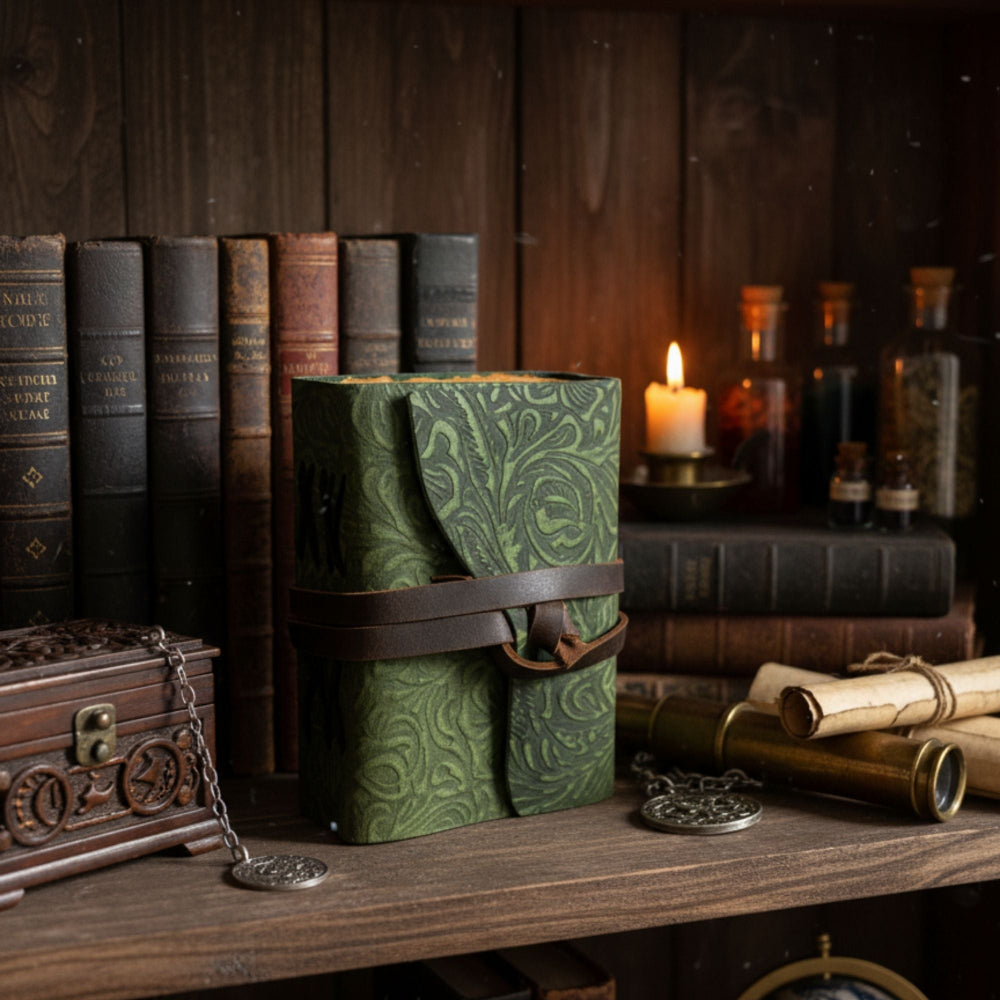 Green leather-bound book with intricate patterns on a wooden surface with books and candles in the background