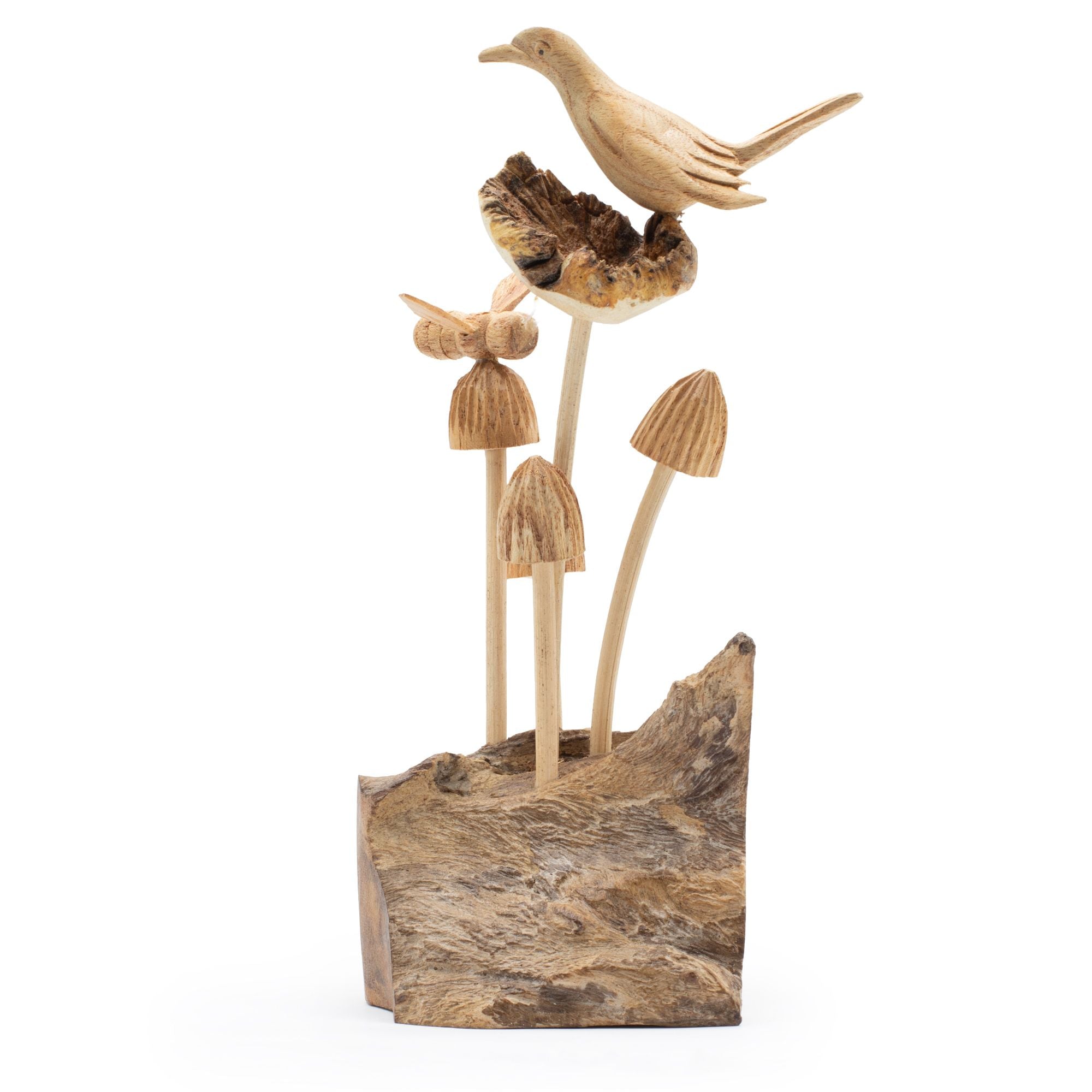 Handmade Parasite Wood Carving — Bird & Bee on Mushrooms