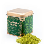 Mandala Leaves Matcha Tea can with green tea powder on a white background