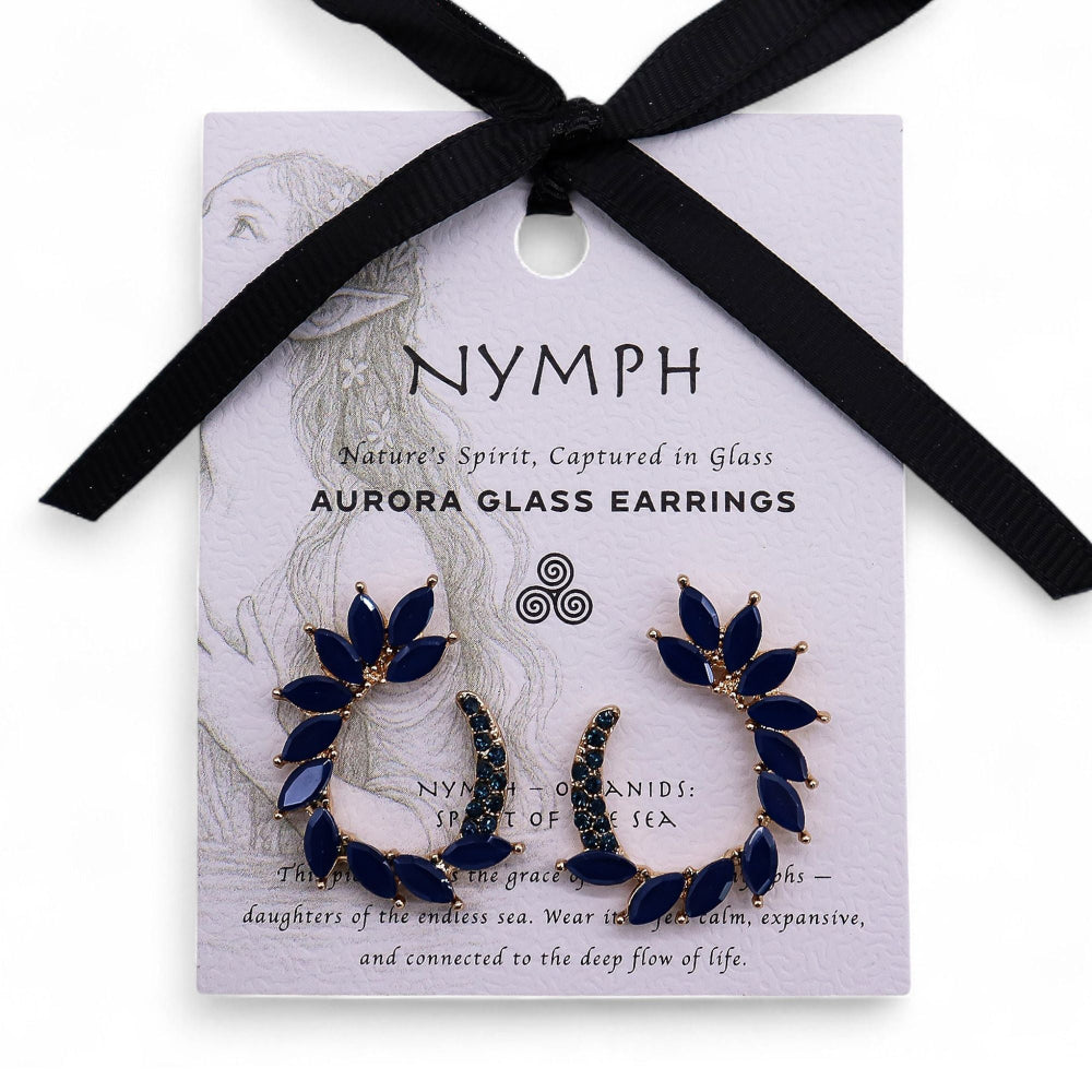 Aurora glass earrings on a Nymph branded card with a black ribbon.