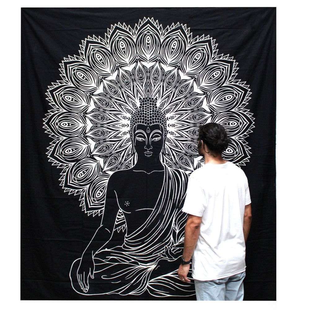 Buddha Black &White Double Cotton Bedspread Wall Hanging